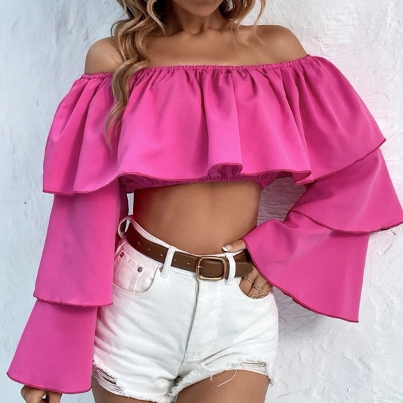 SHEIN Tops - Off Shoulder Ruffle Trim Flounce Sleeve Crop Top